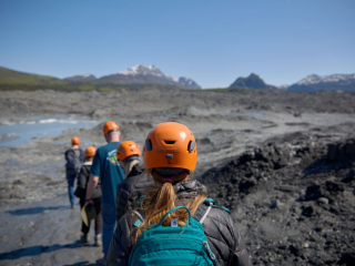 A tour group walks on the Matanuska Glacier on May 28th, 2022.
